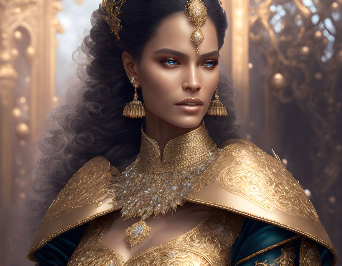 Regal woman adorned in gold jewelry against golden backdrop