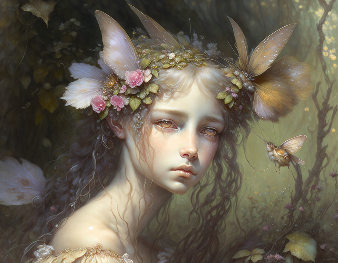 Ethereal figure with butterfly wings and floral crown in fairy-like setting