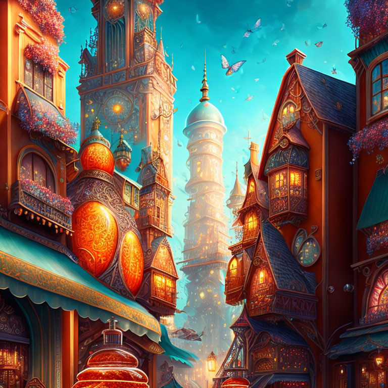 Colorful, whimsical street with fantastical buildings under a blue sky