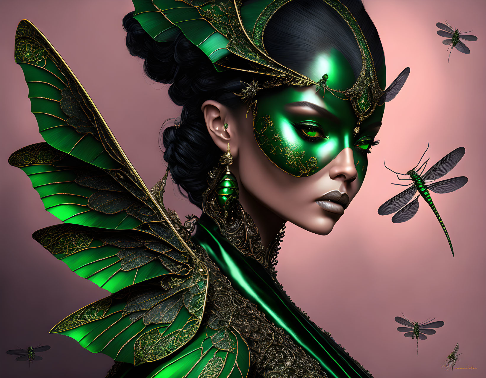 Fantasy image of woman with green metallic dragonfly wings and intricate headgear.