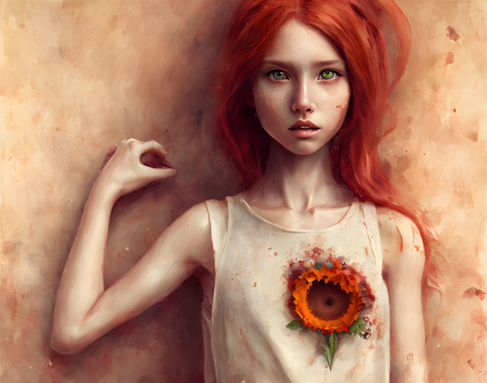 Red-Haired Girl Portrait with Sunflower on Warm Background