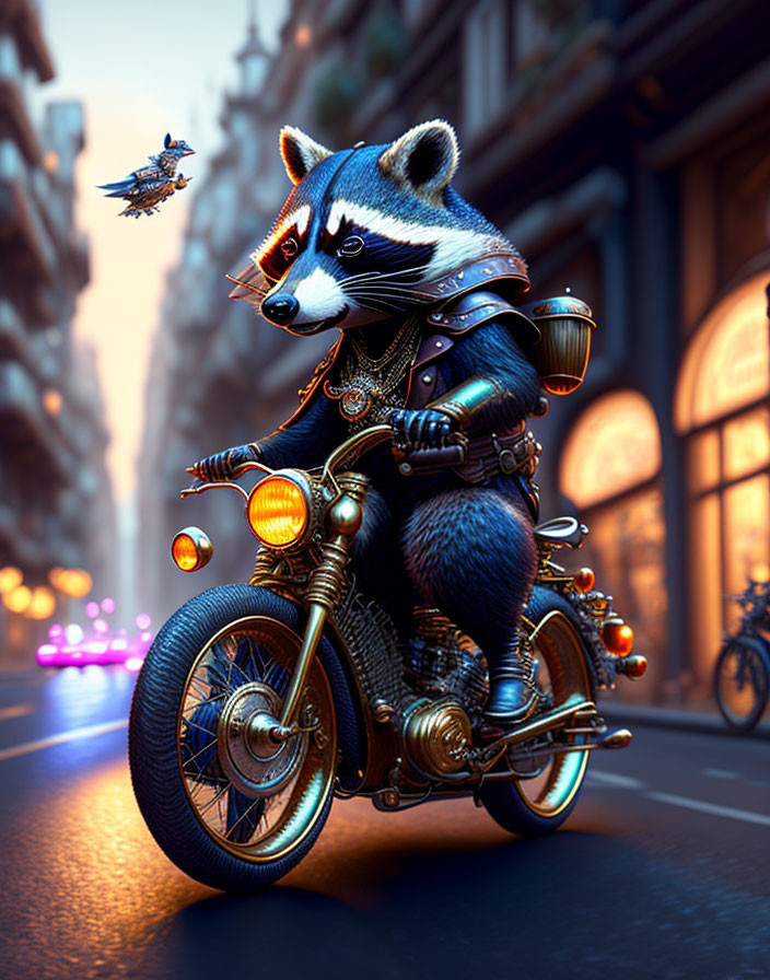 Anthropomorphic raccoon on customized motorcycle in city street at dusk