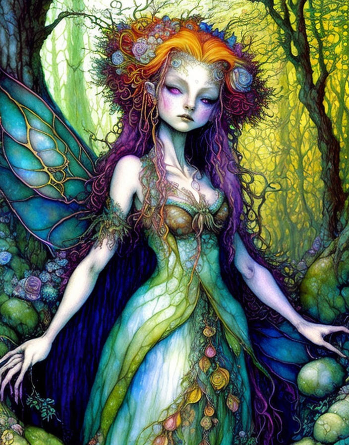 Fantastical female figure with butterfly wings in enchanted forest.