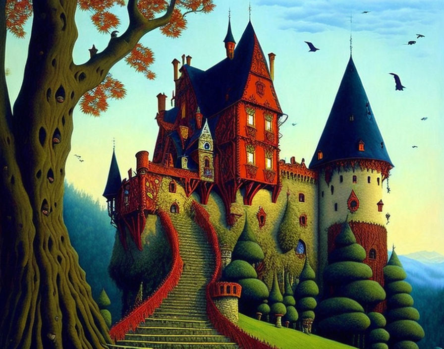 Colorful Castle Illustration with Turrets, Towers, Trees, and Birds