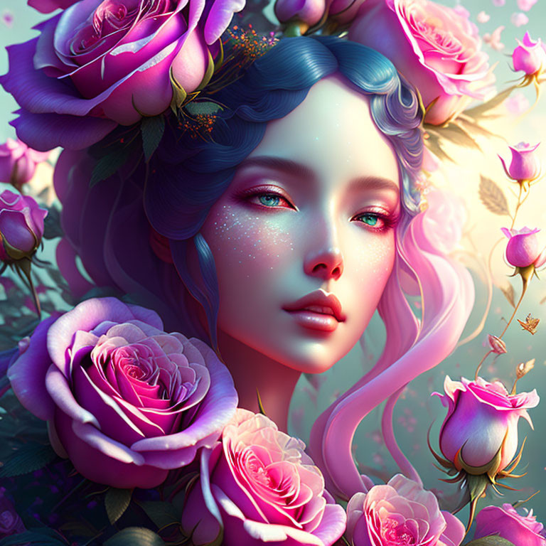 Digital artwork: Woman with pastel skin, pink roses, mystical aura