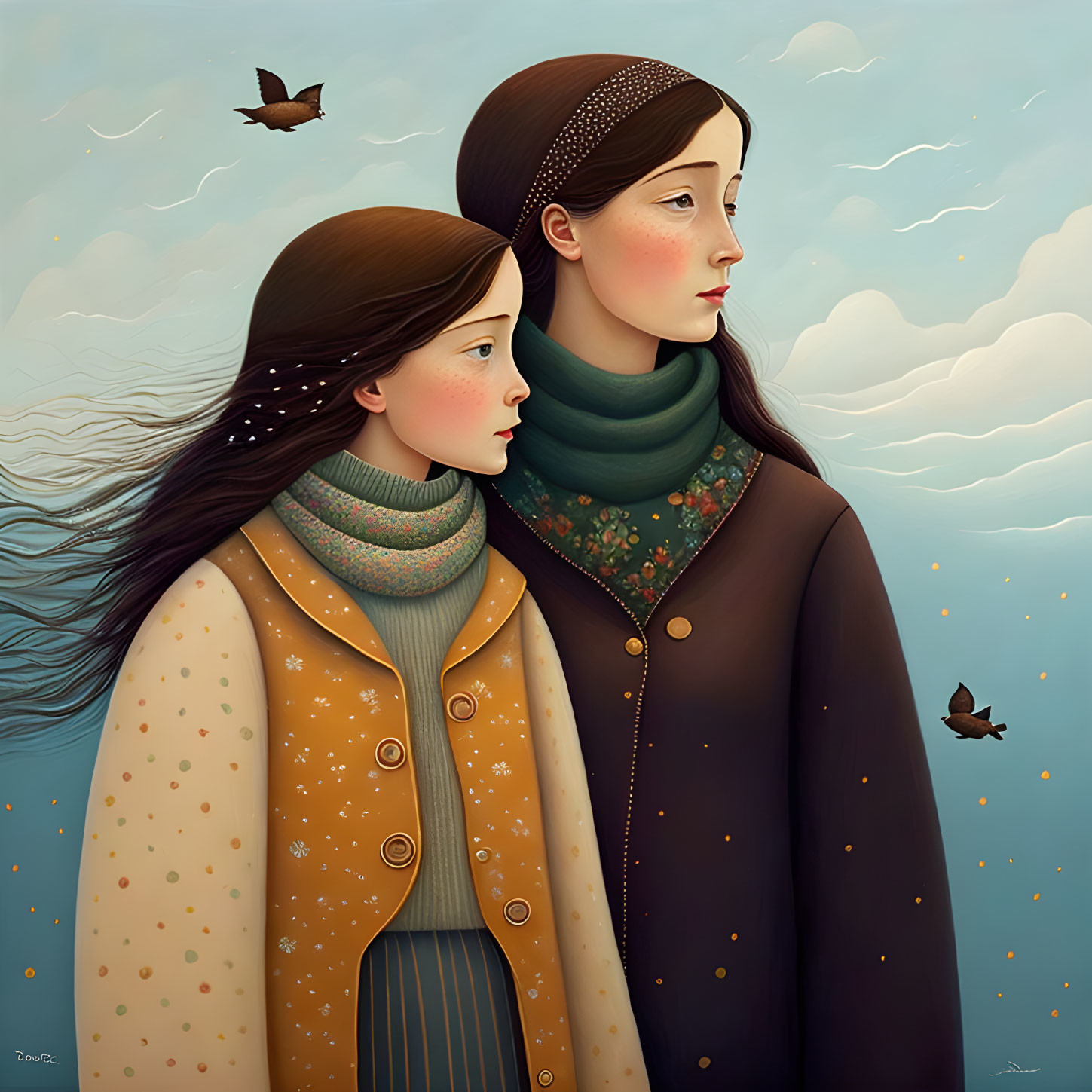 Stylized female figures in scarves and coats under cloudy sky