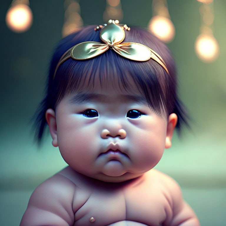 Chubby-cheeked baby in golden crown headband on soft focus background