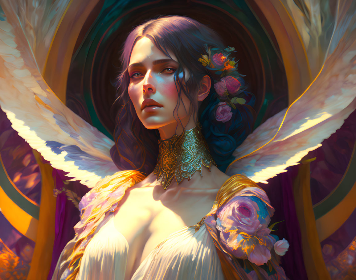 Digital artwork: Woman with angelic wings in mystical aura, adorned with flowers and jewelry