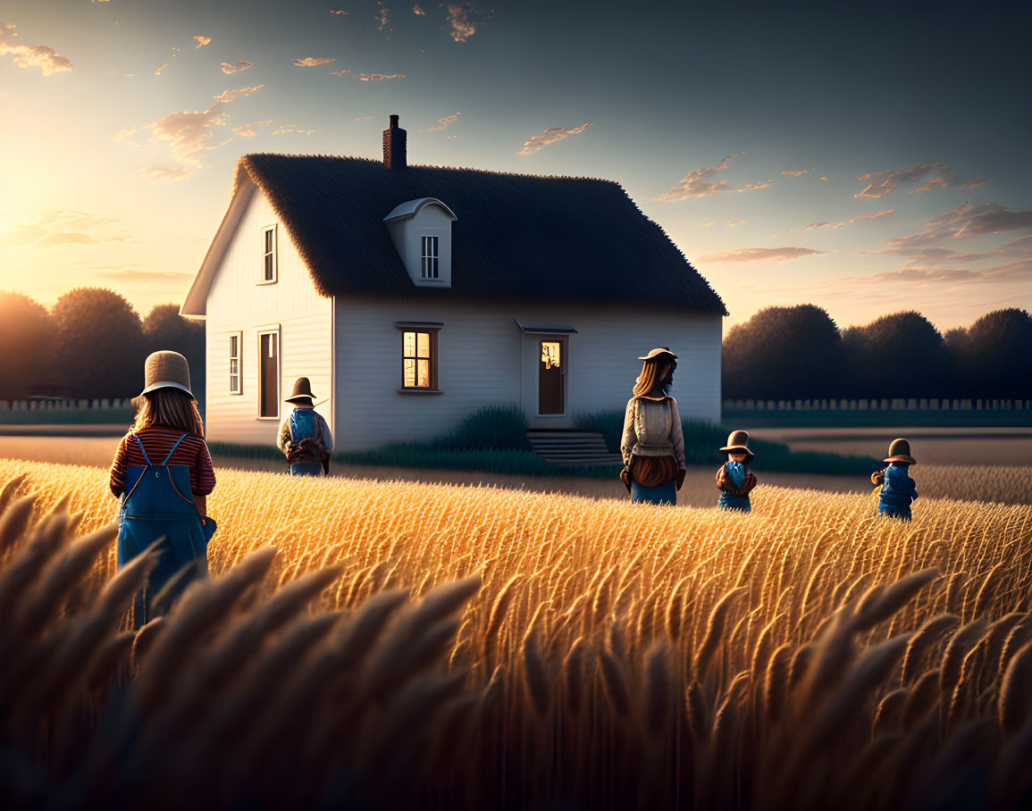 Scarecrow family in wheat field at sunset near white farmhouse