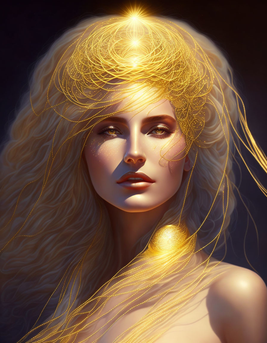 Ethereal woman with golden hair and crown on dark background.