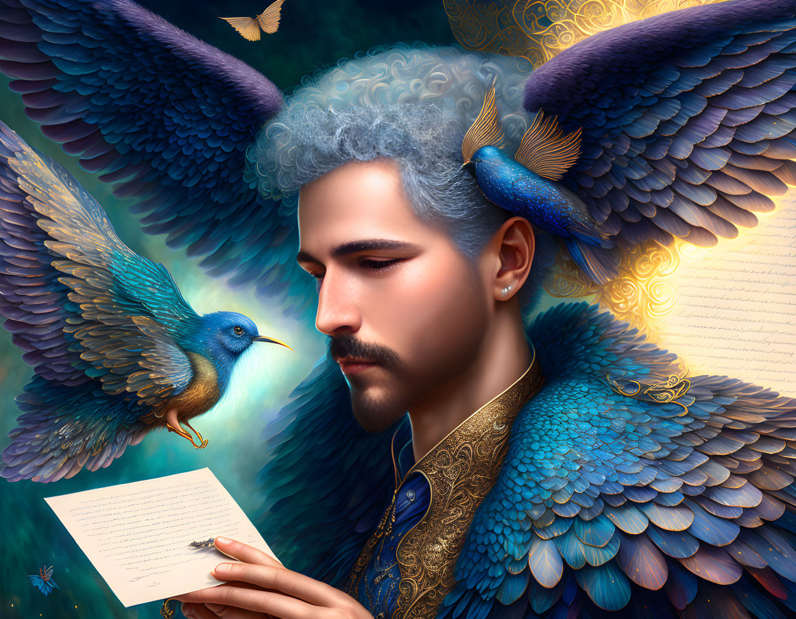 Man with Blue Bird-Like Wings and Feathers Holding Letter