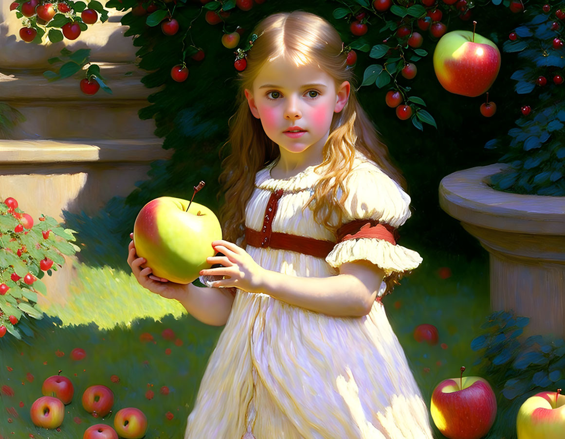 Young girl in white dress with apple in sunny garden