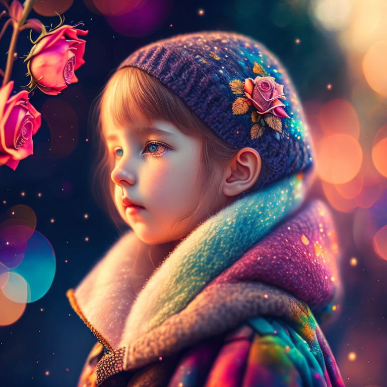 Child in colorful coat and knit hat admiring rose in glowing lights