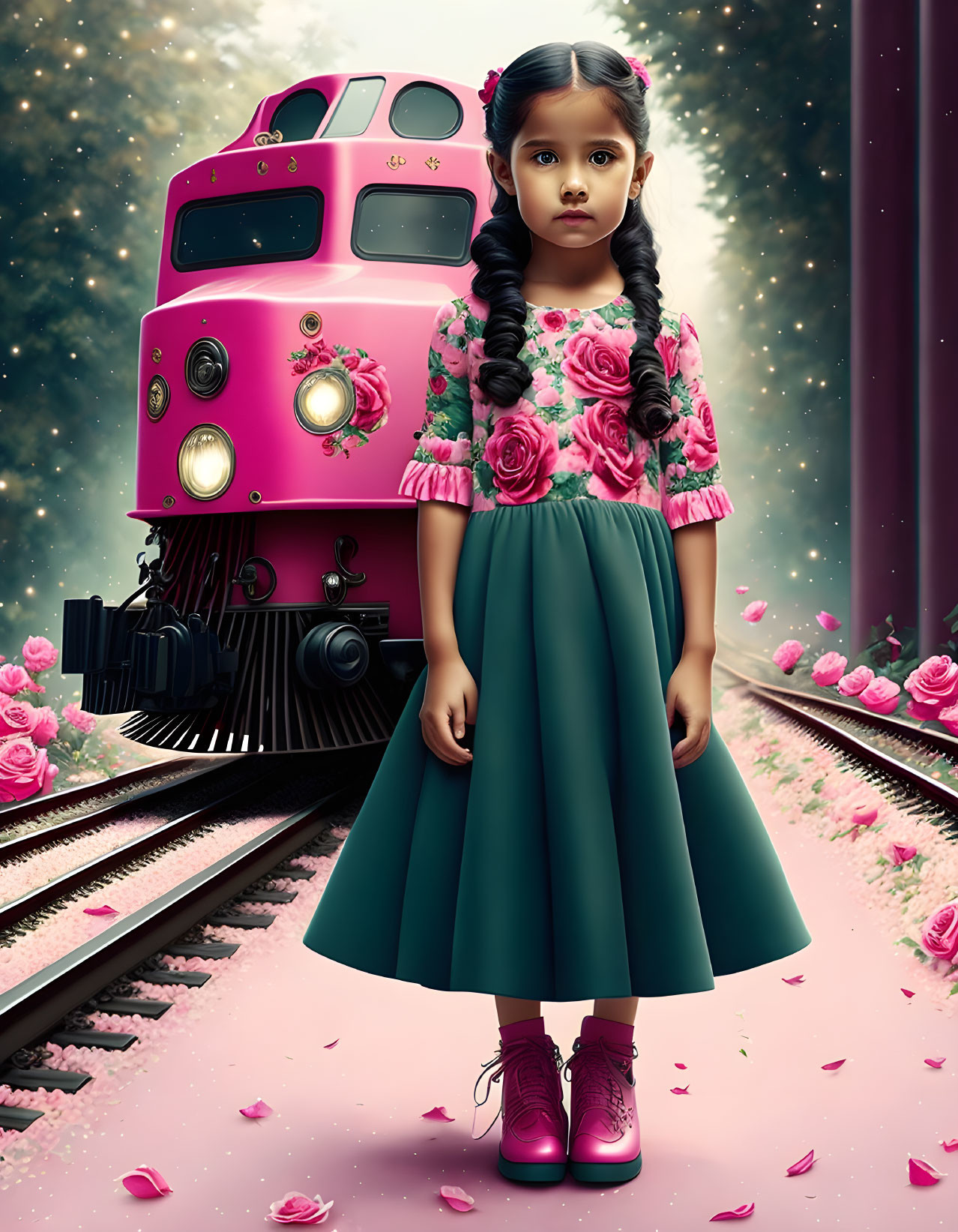 Young girl in floral top on train tracks with pink locomotive and roses in dusky sky