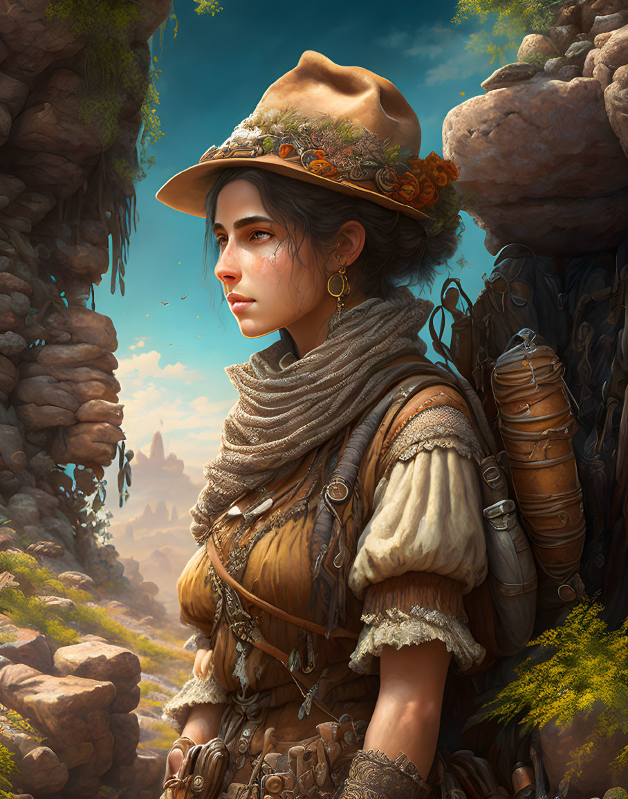 Woman in adventurer attire surrounded by rocky terrain and floral hat.