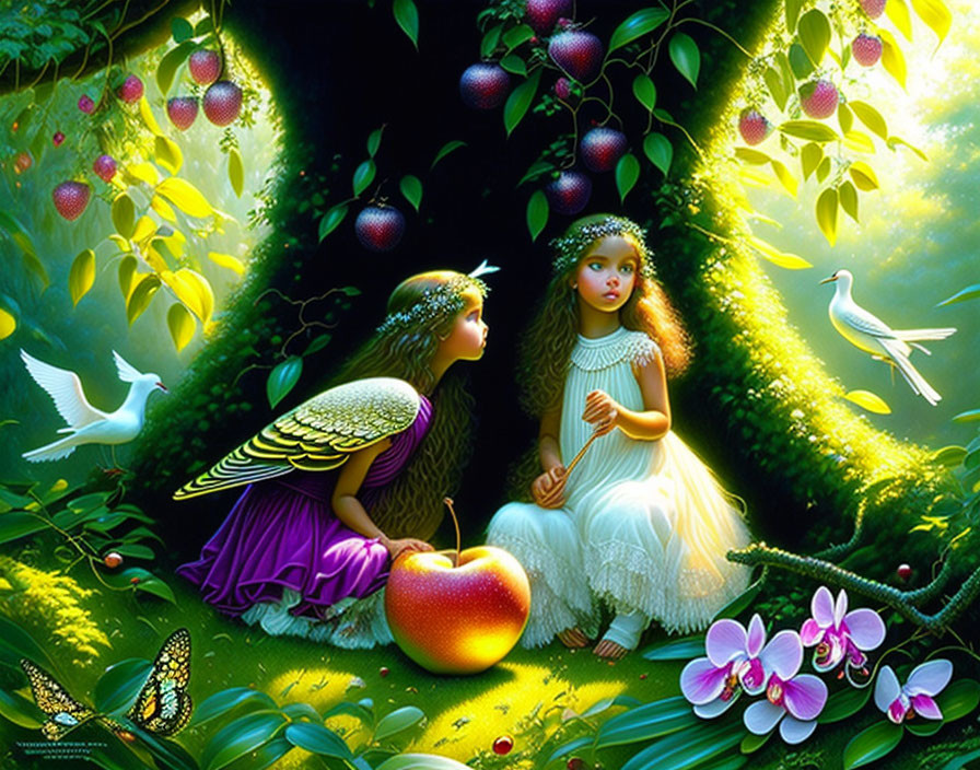 Fantasy characters in enchanted garden with large apple, wildlife, and lush vegetation.