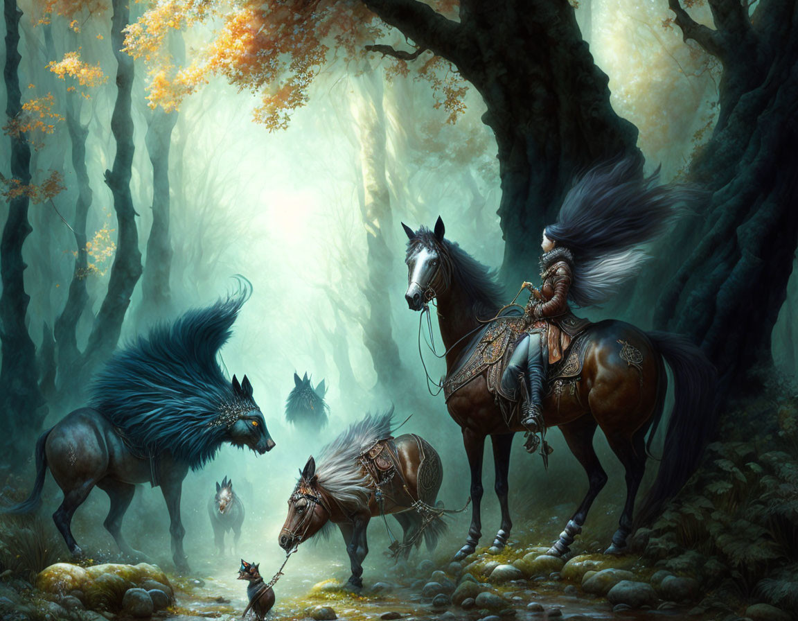 Rider on Horse Encounters Mystical Creatures in Enchanted Forest