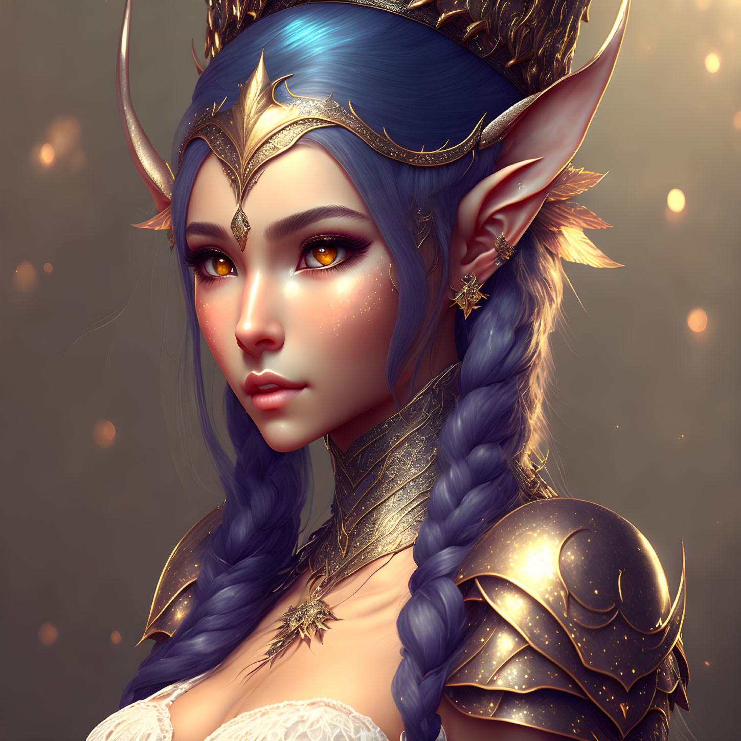 Fantasy elf with blue hair, golden armor, and crown on warm sparkly background