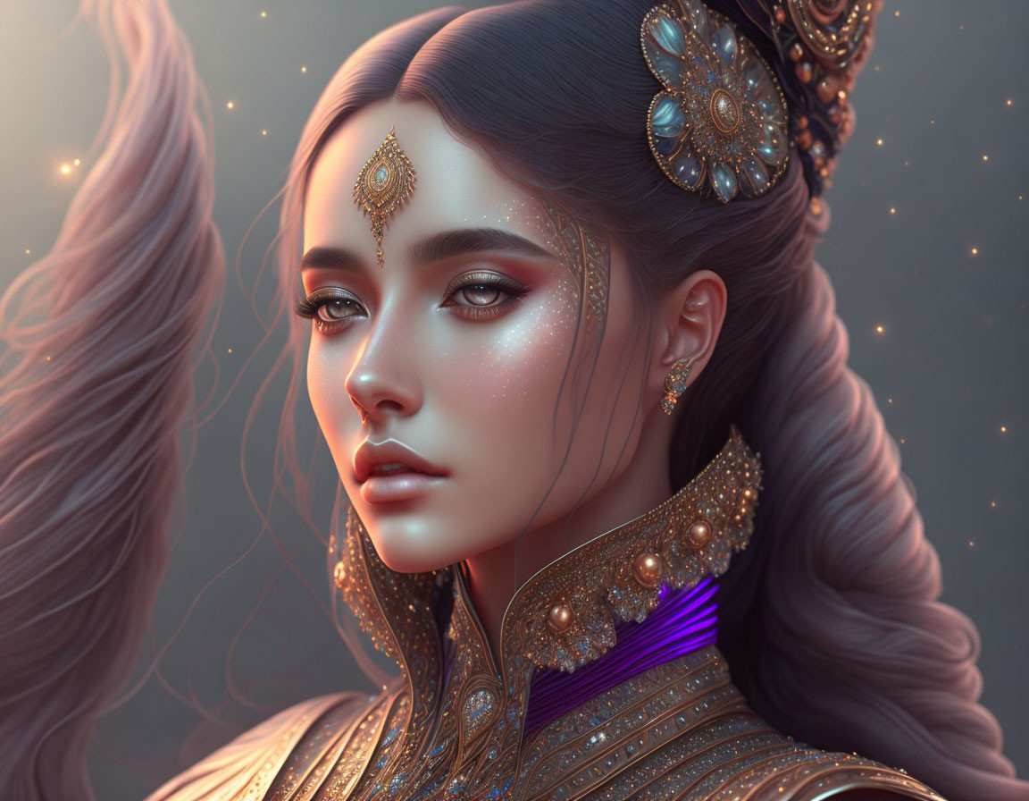 Elaborate gold and jewel-adorned woman in mystical digital art