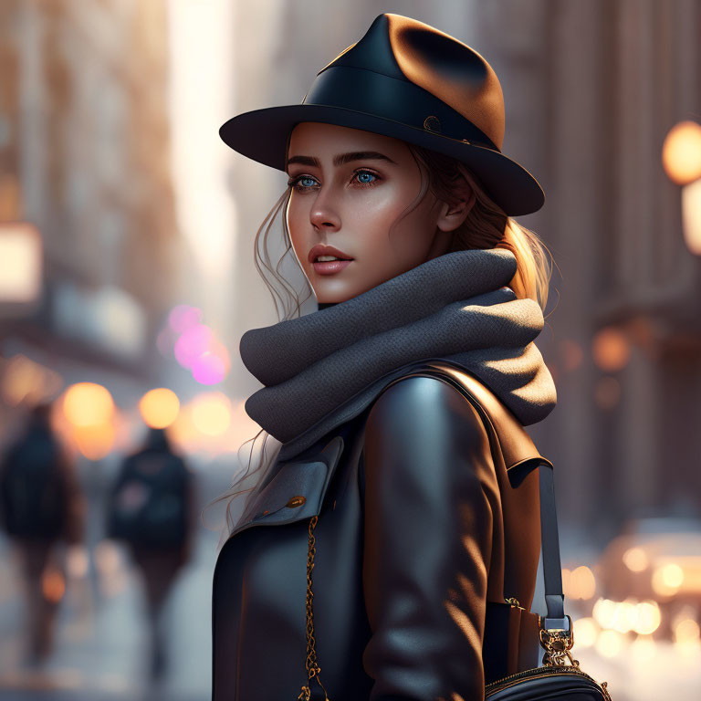 Woman with blue eyes in leather jacket and hat on city street at dusk