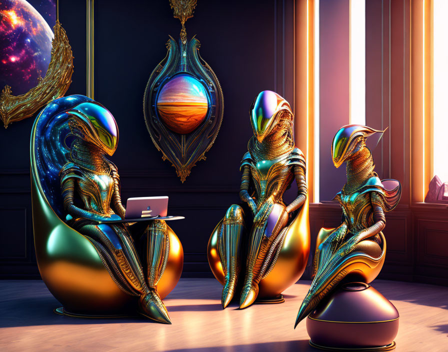 Futuristic metallic humanoid figures in elegant space room