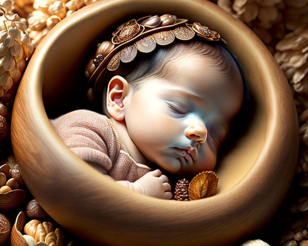 Sleeping baby in wooden frame with flowers and nuts in serene image