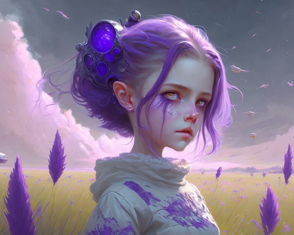 Digital artwork: Girl with purple hair and eyes, futuristic headgear, in lavender field under dramatic sky