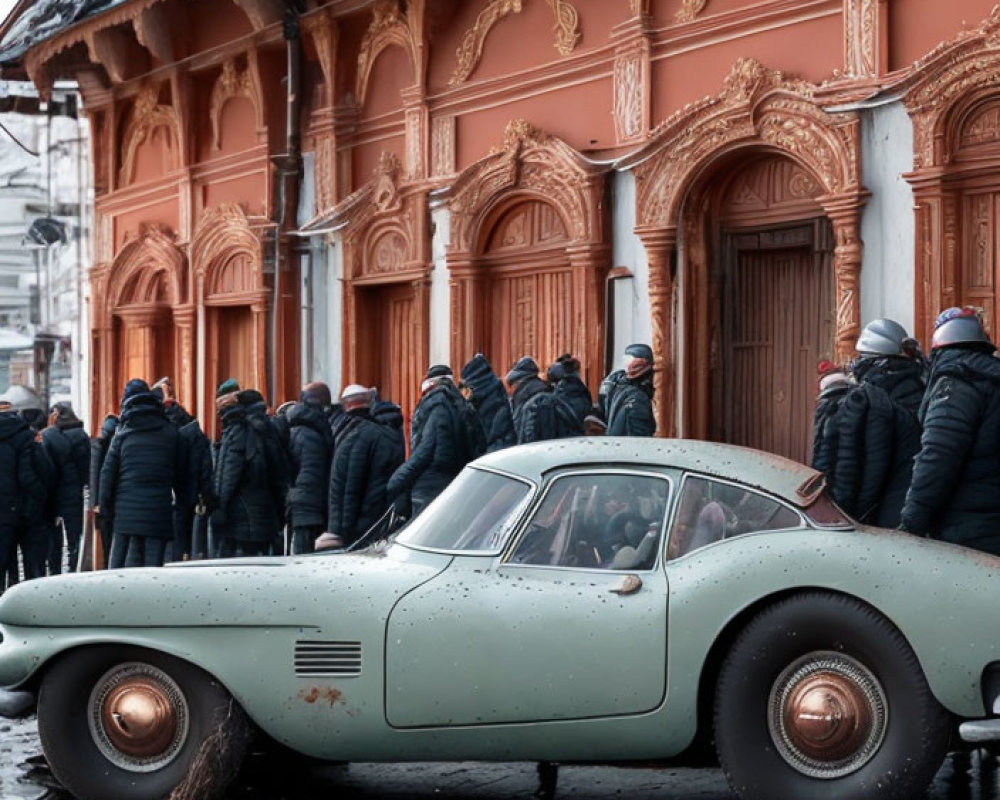 Vintage car parked on snowy street with people walking by ornate building