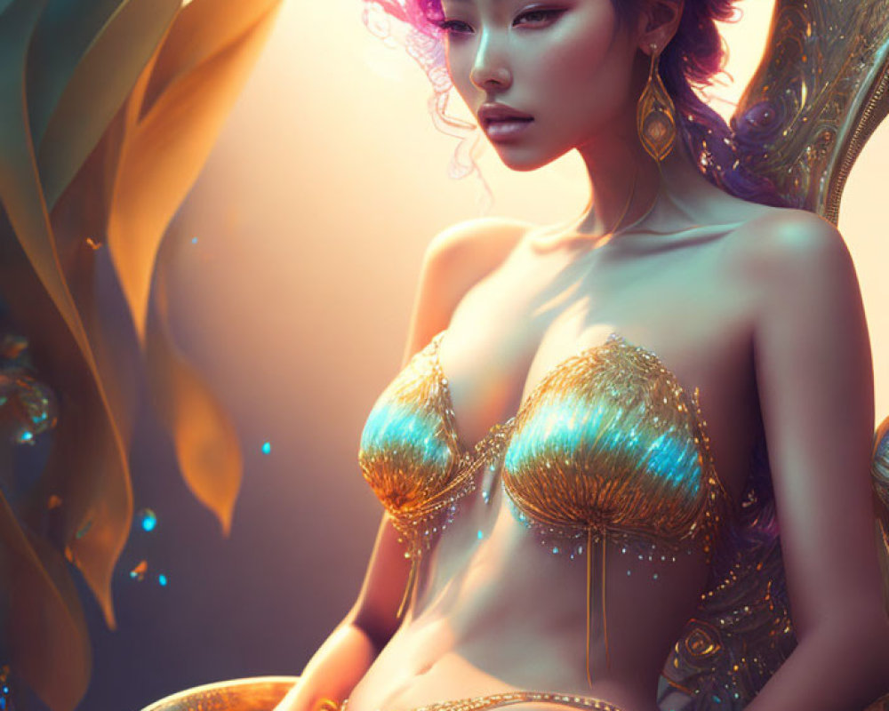 Fantasy Female Figure with Blue and Purple Hair in Golden Attire
