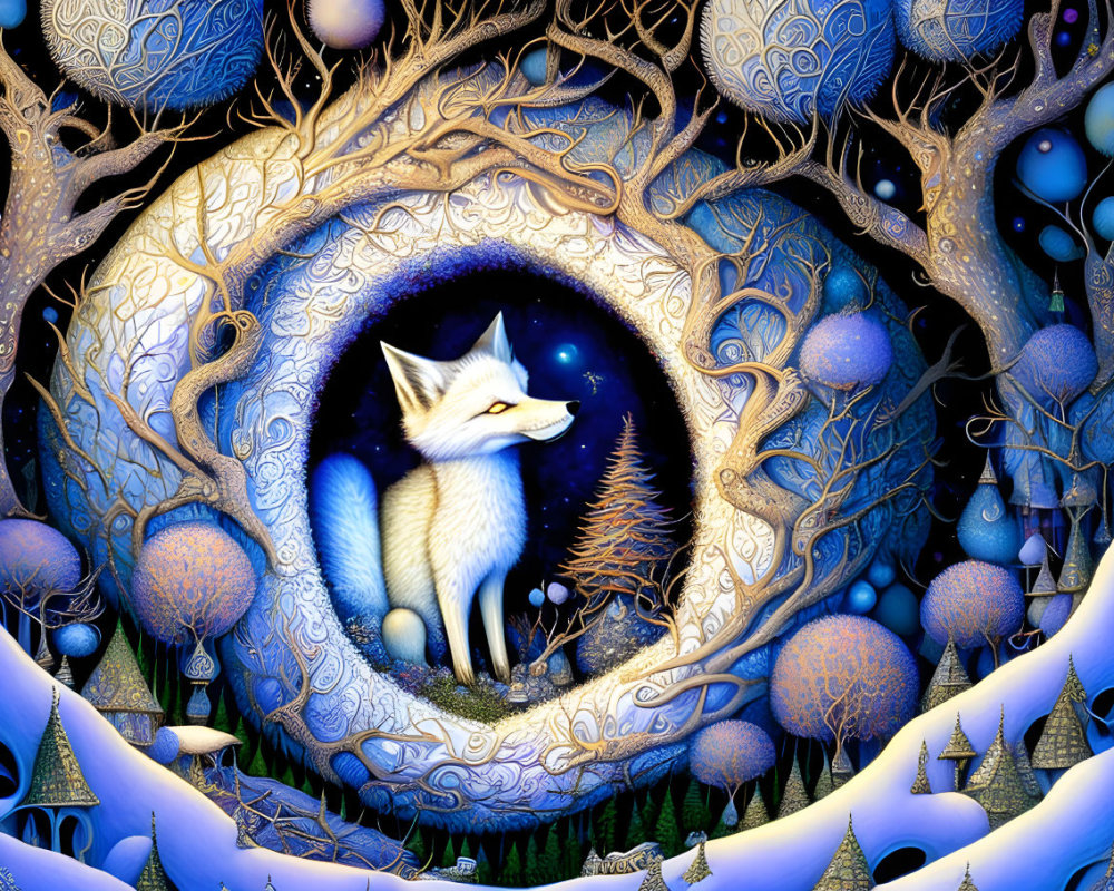 Mystical white fox in circular frame with glowing orbs and tree roots