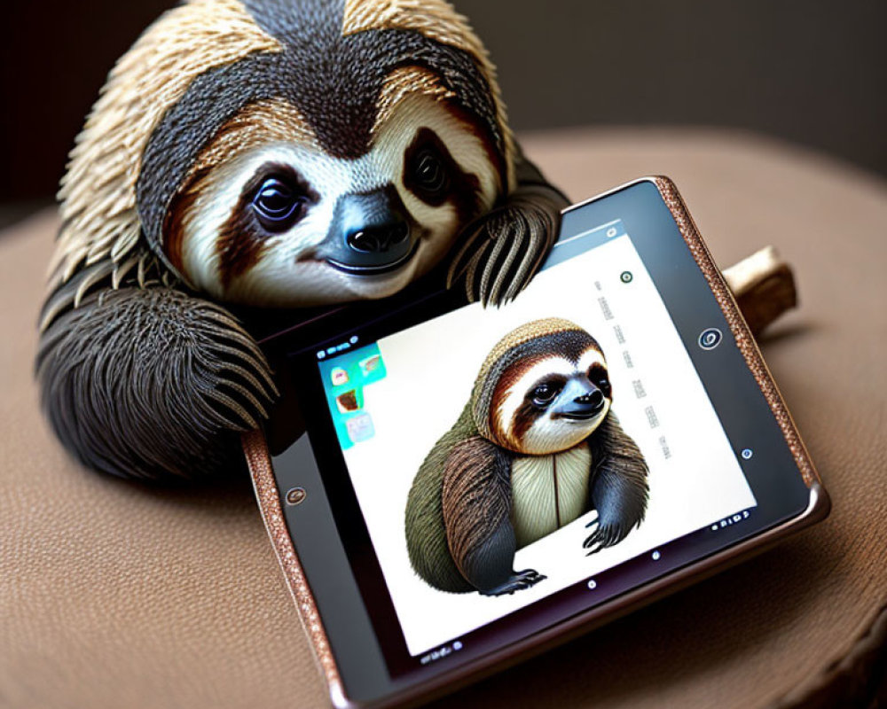 Sloth leaning on tablet with self-image on screen on brown surface