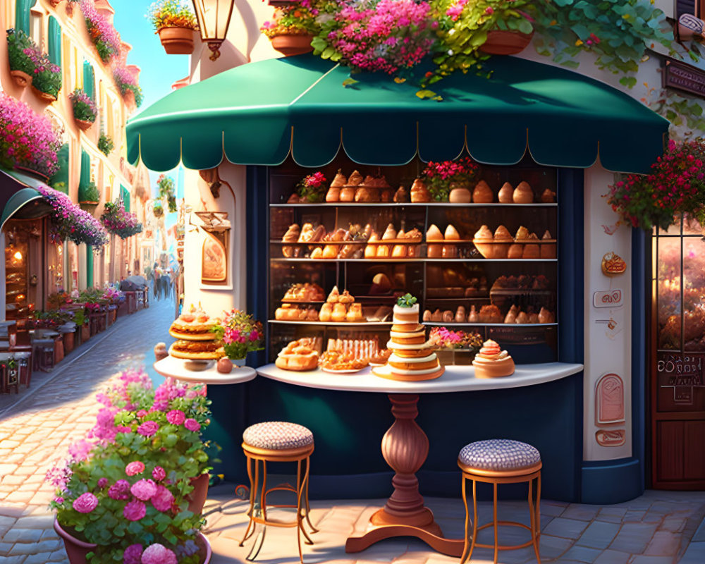 Illustration of charming bakery with pastries on cobblestone street