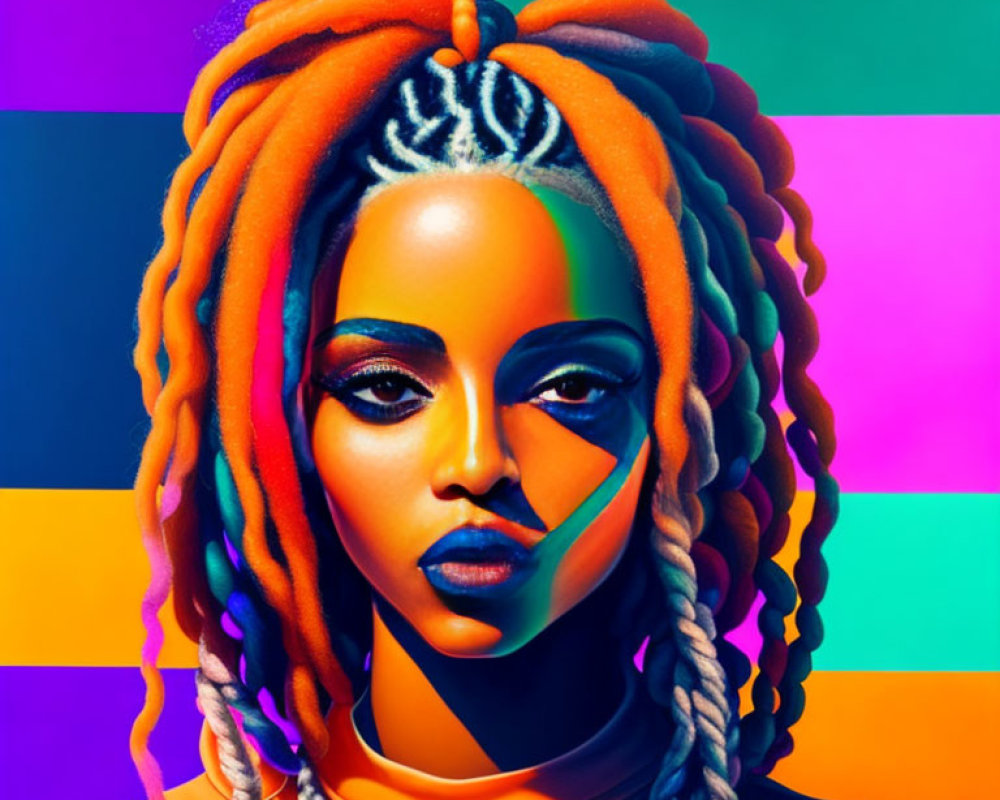 Colorful digital portrait of woman with dreadlocks and geometric shapes