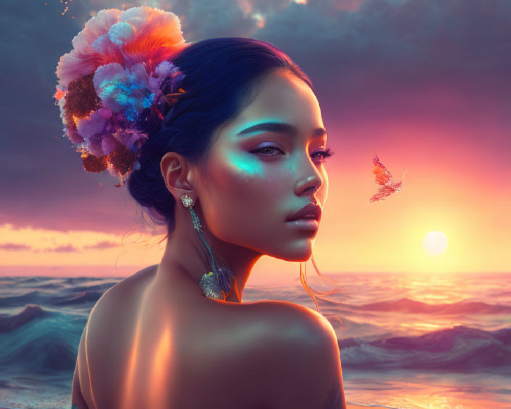 Woman with floral hair adornments in sunset backdrop with vibrant clouds, calm sea, and butterfly.