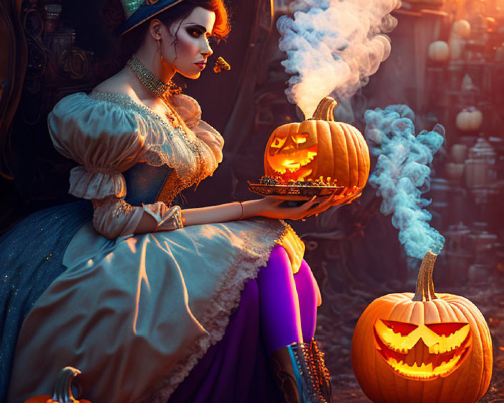 Stylish witch costume with smoking pumpkin in fantasy setting