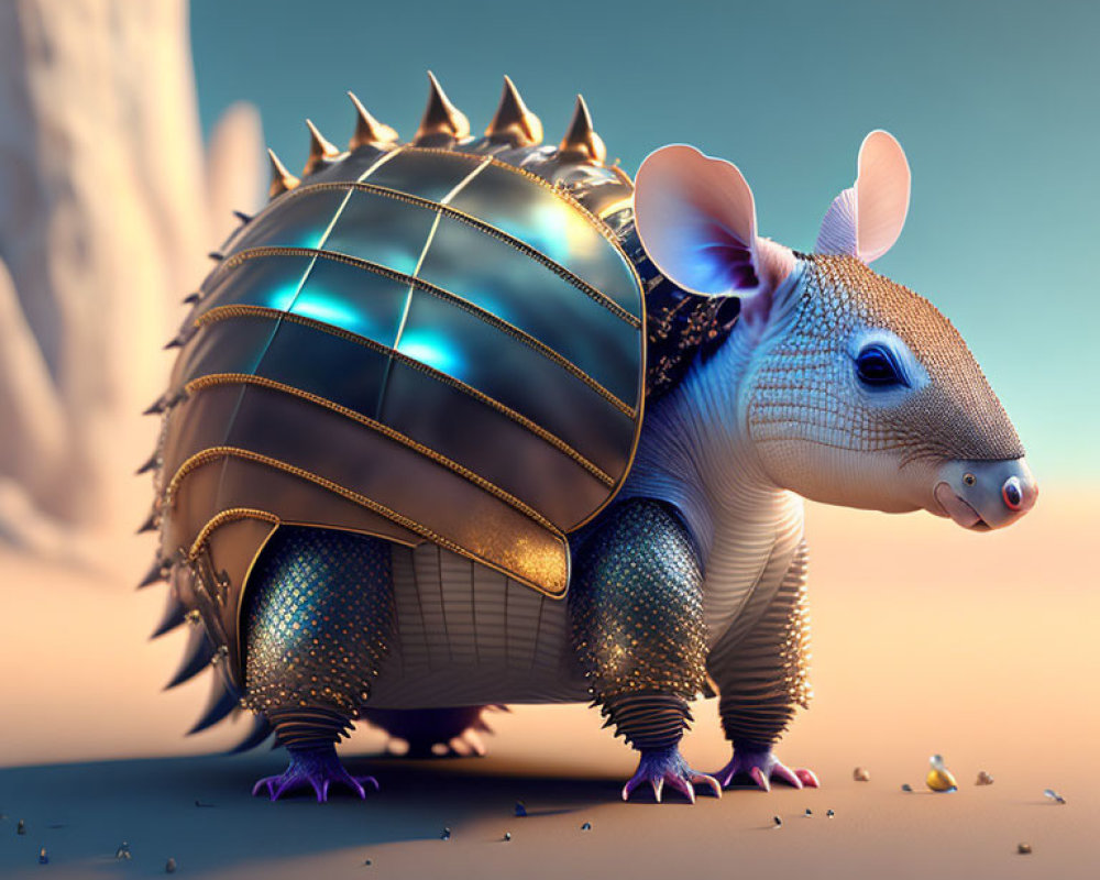 Fantastical armadillo-like creature with medieval armor shell in desert setting