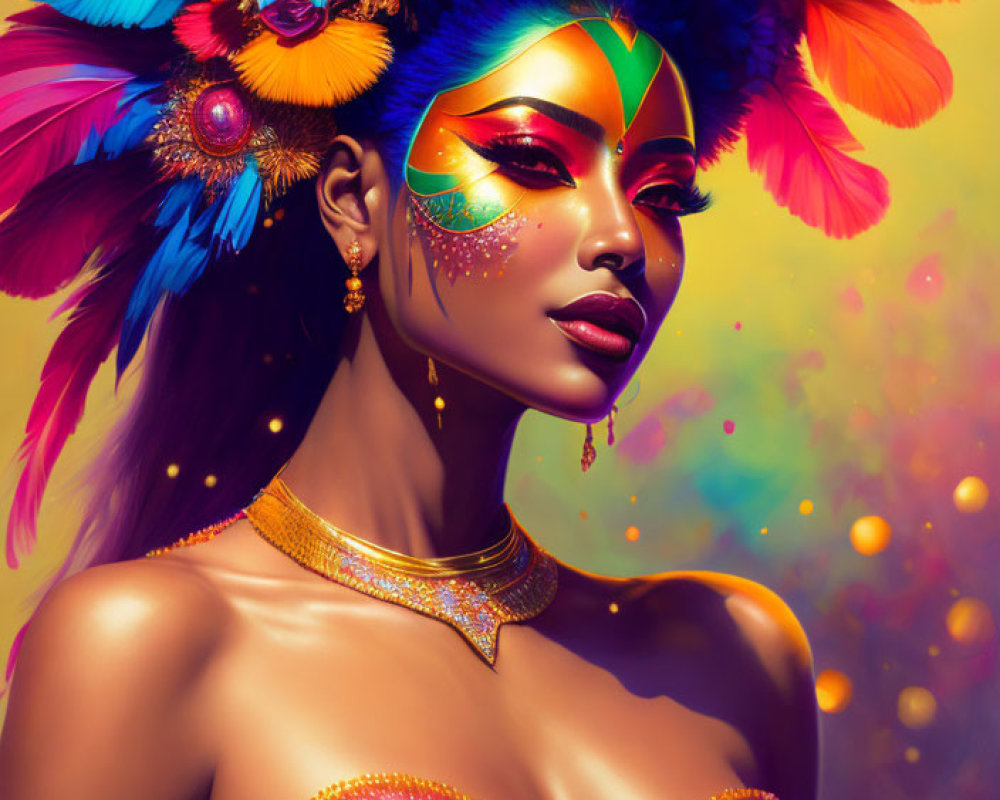 Vibrant woman with face paint and feather headdress in colorful illustration