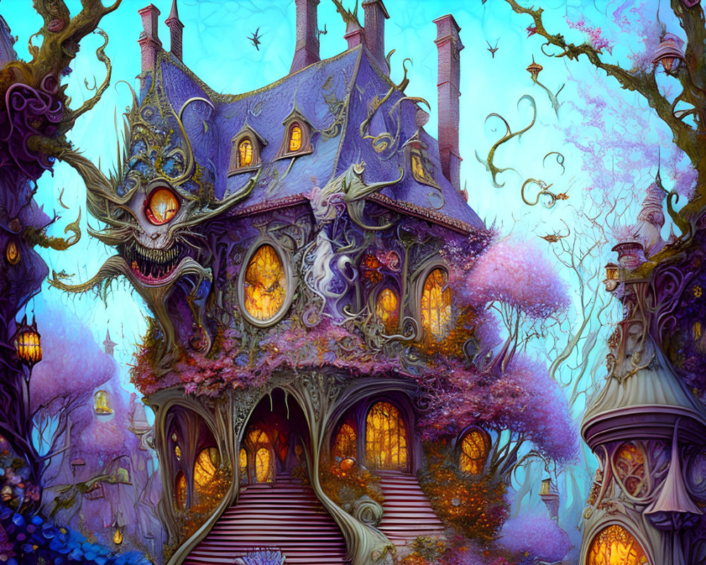 Whimsical house with face in magical, eerie setting