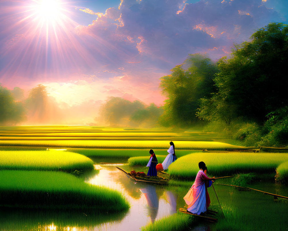 Scenic view of women walking in lush rice fields by water canal