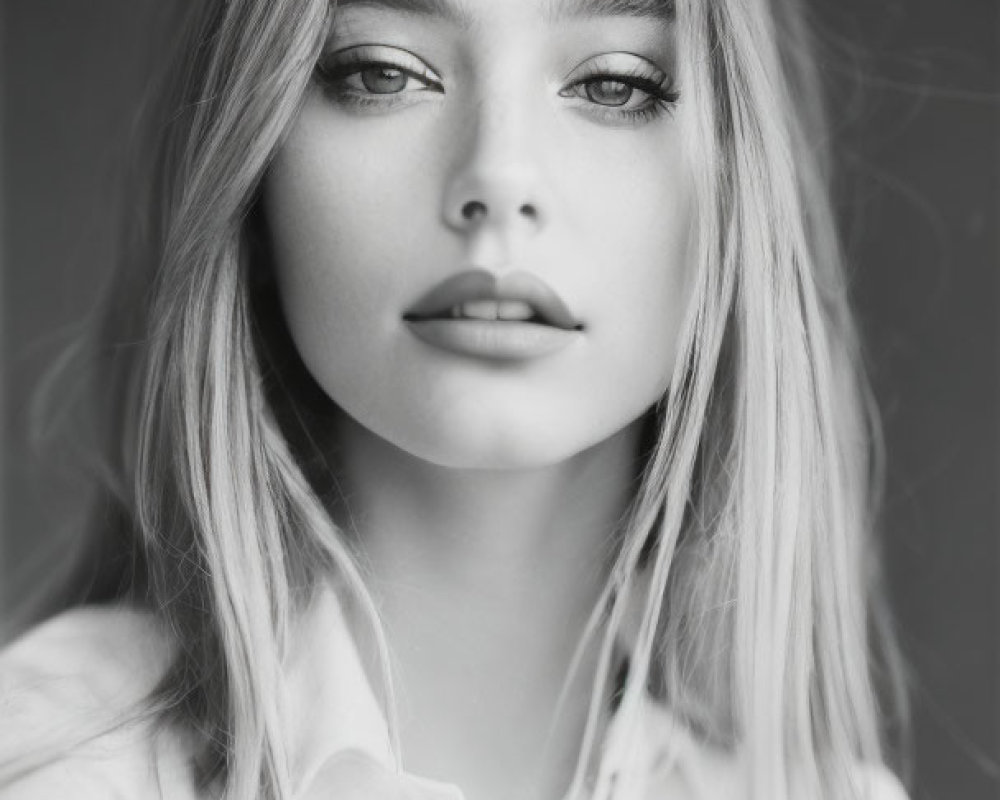 Monochrome portrait of young woman with blonde hair in white shirt