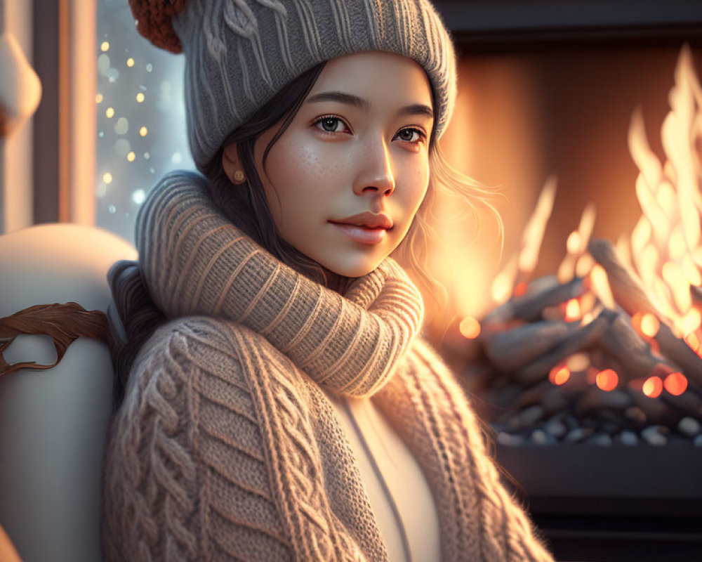 Woman in cozy sweater by fireplace with calm gaze