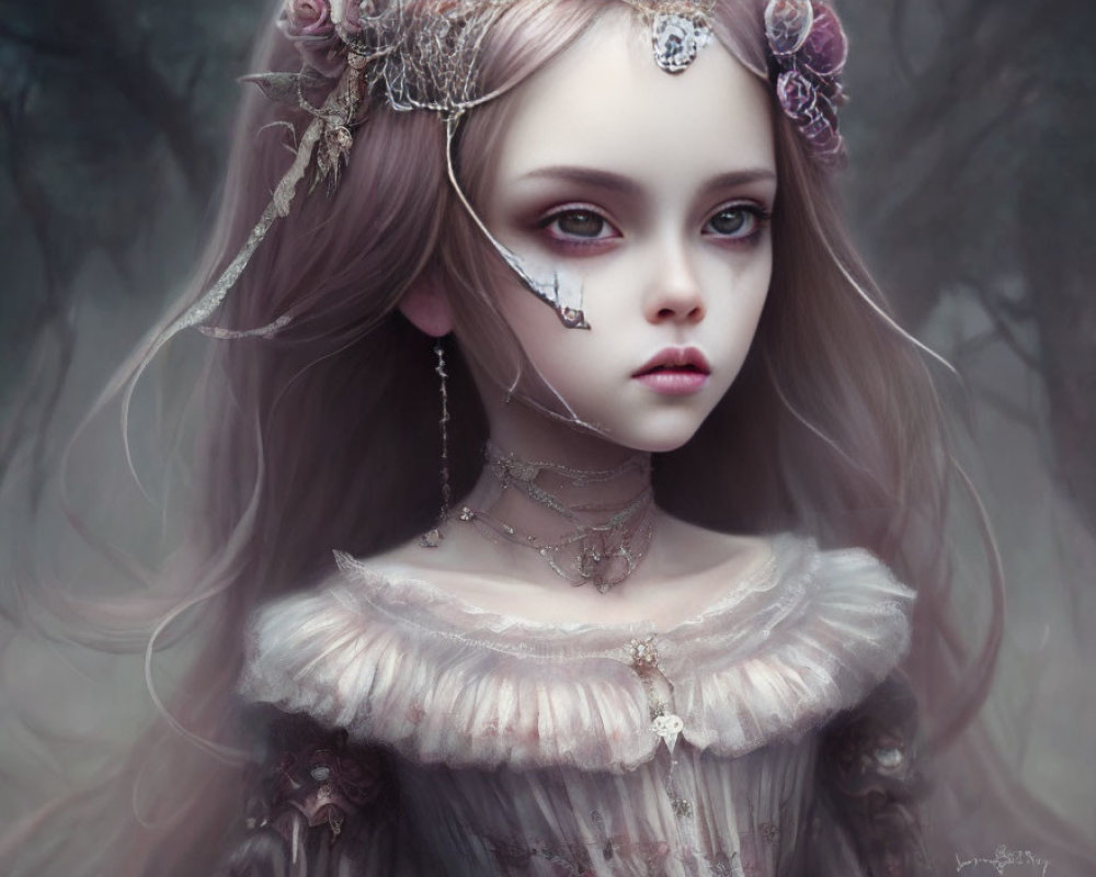 Fantasy portrait: Girl with violet eyes and victorian accessories in misty backdrop