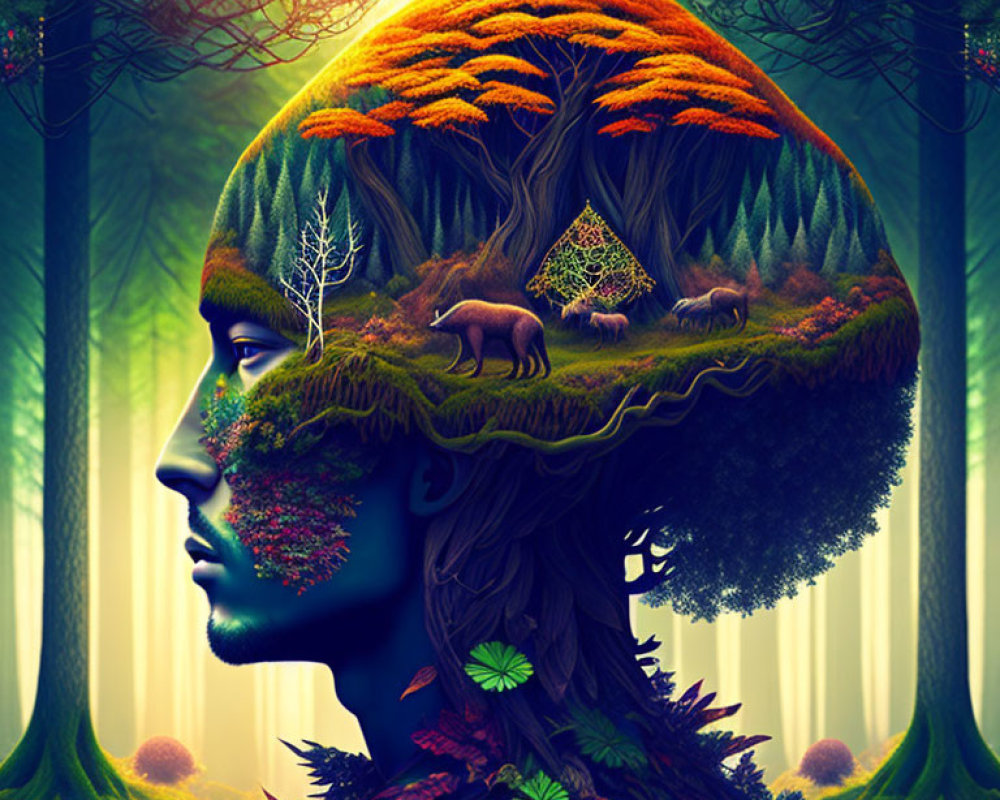 Surreal portrait merging person's profile with vibrant forest landscape