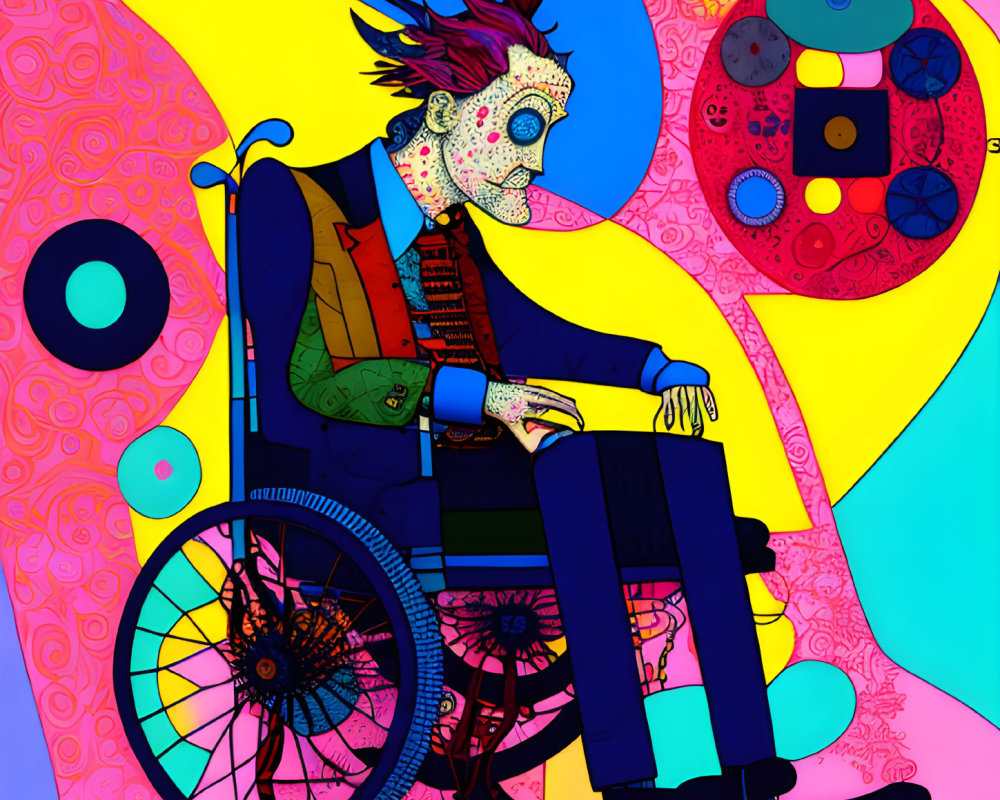 Vibrant Abstract Digital Art: Punk-Inspired Figure in Wheelchair