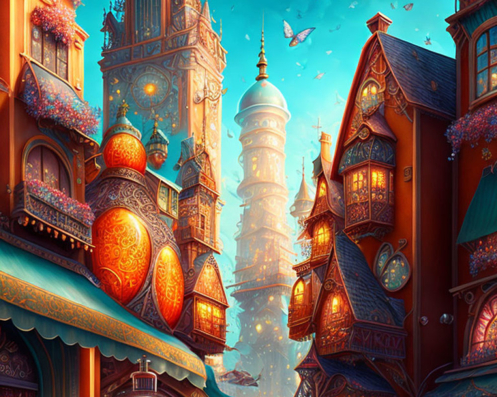 Colorful, whimsical street with fantastical buildings under a blue sky