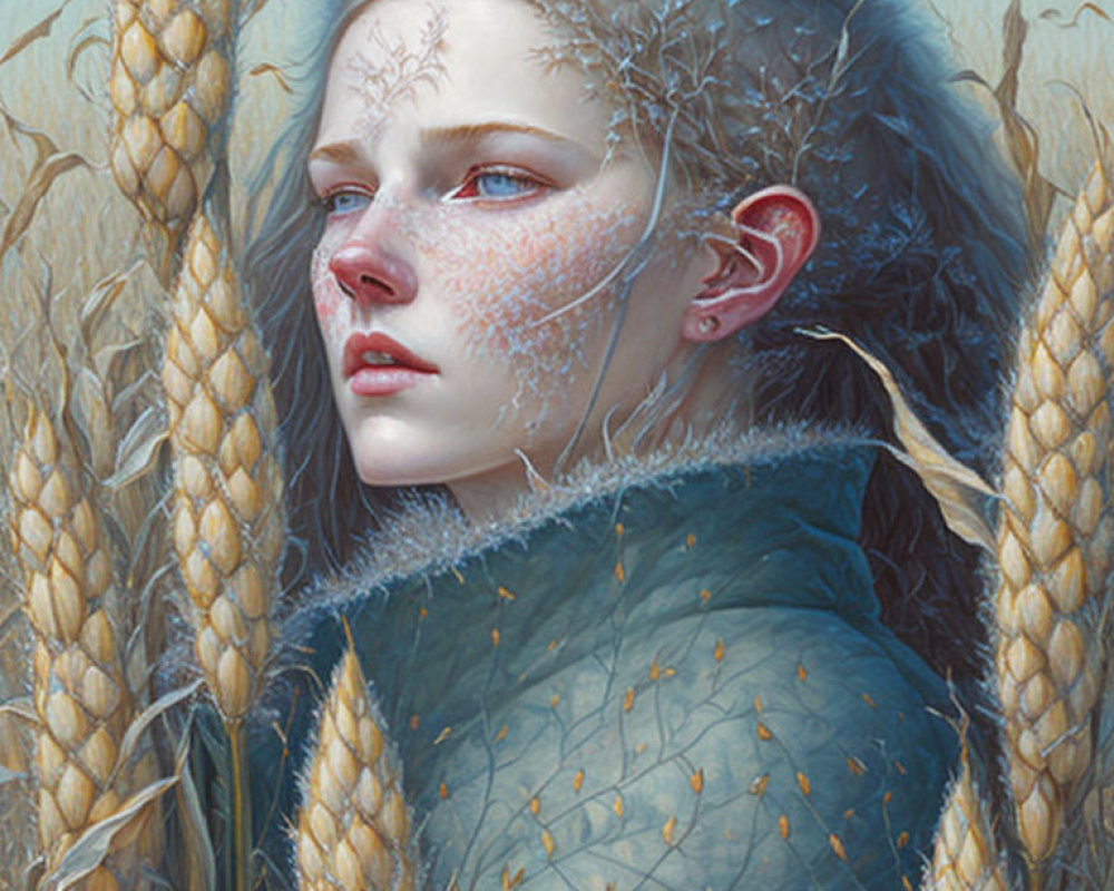 Digital artwork: Woman with pale skin, blue eyes, surrounded by golden wheat and plant-like patterns.