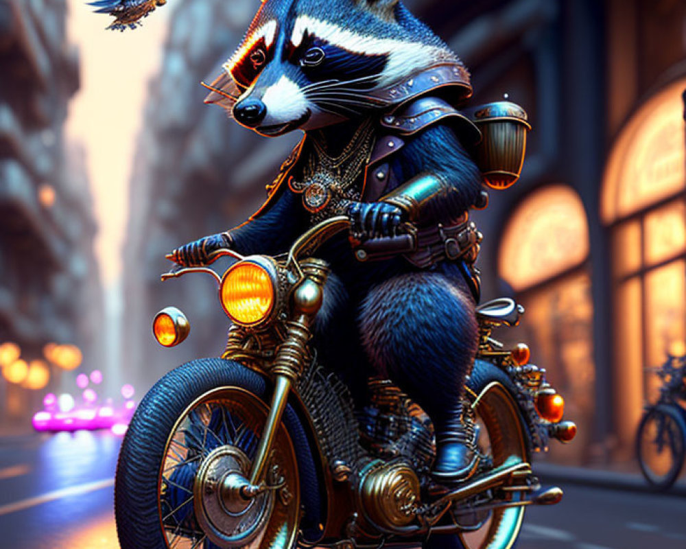 Anthropomorphic raccoon on customized motorcycle in city street at dusk