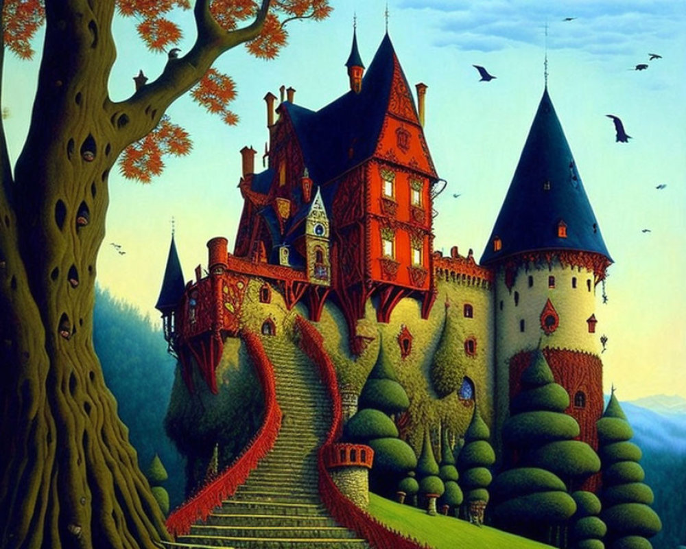 Colorful Castle Illustration with Turrets, Towers, Trees, and Birds