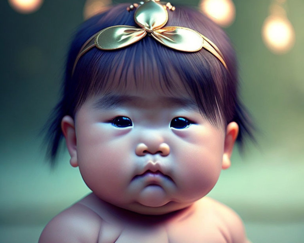 Chubby-cheeked baby in golden crown headband on soft focus background