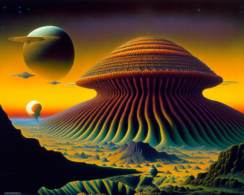 Large dome structure in vivid sci-fi landscape with flying saucers and distant planets